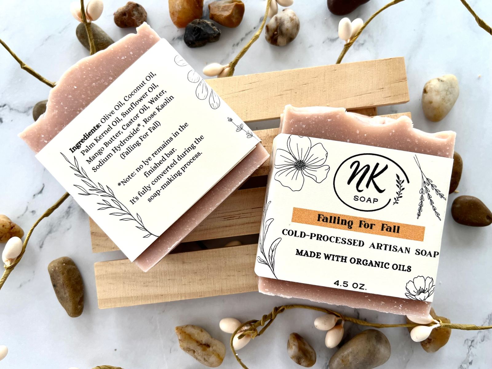 Falling For Fall bar soap by NK Soap, styled with river stones and dried florals